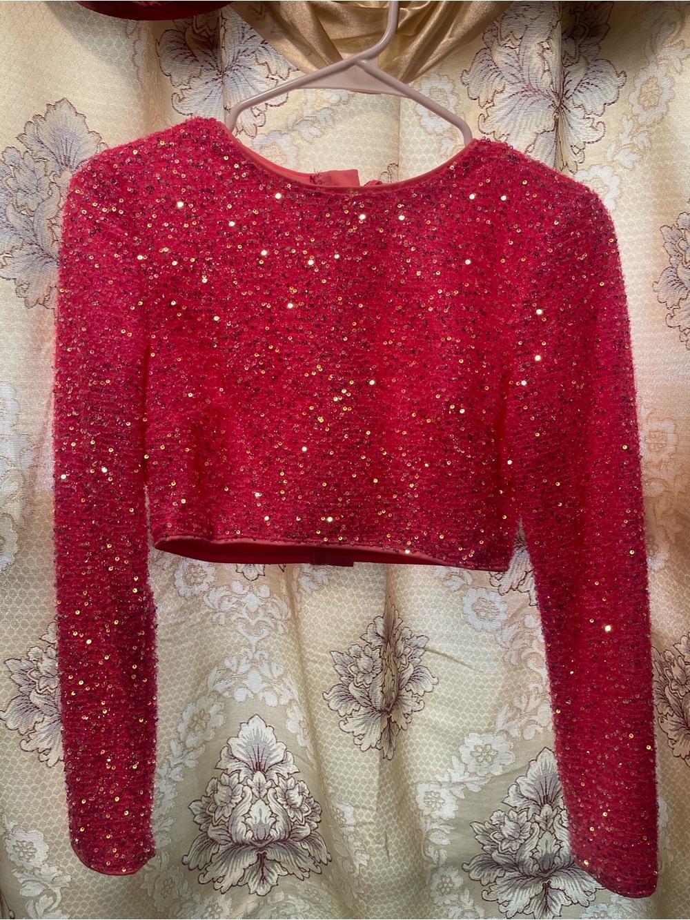 Women’s Red Sequin Cropped Long-Sleeve Top